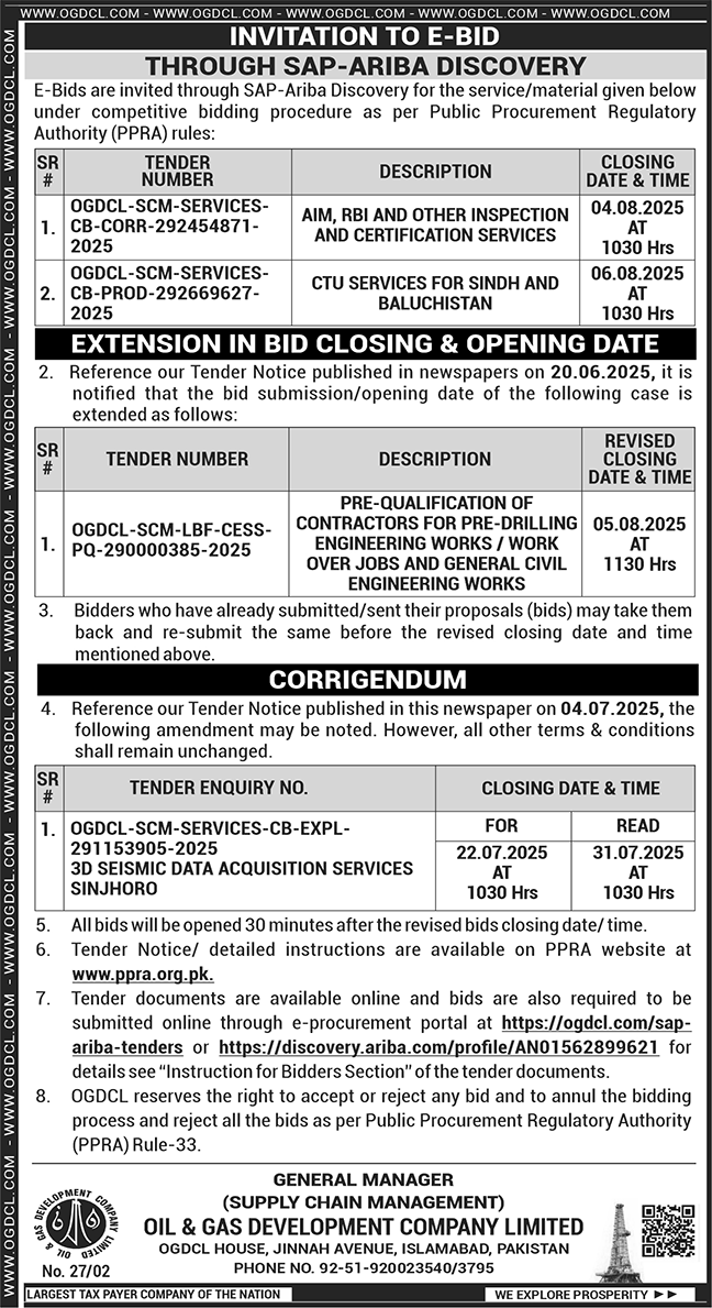 Oil & Gas Development Company Limited Islamabad Tender Notice